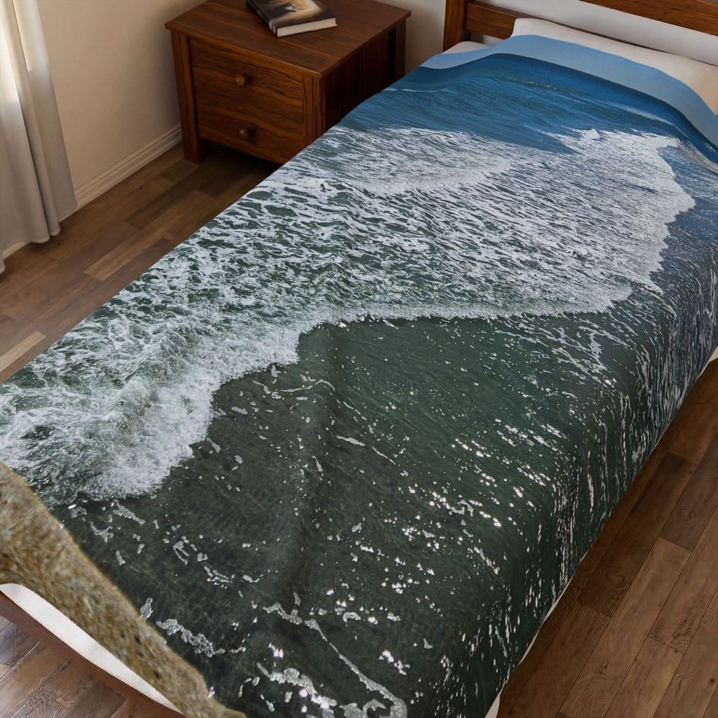 Ocean Waves Velveteen Plush Blanket | Beach Shore Photo Throw