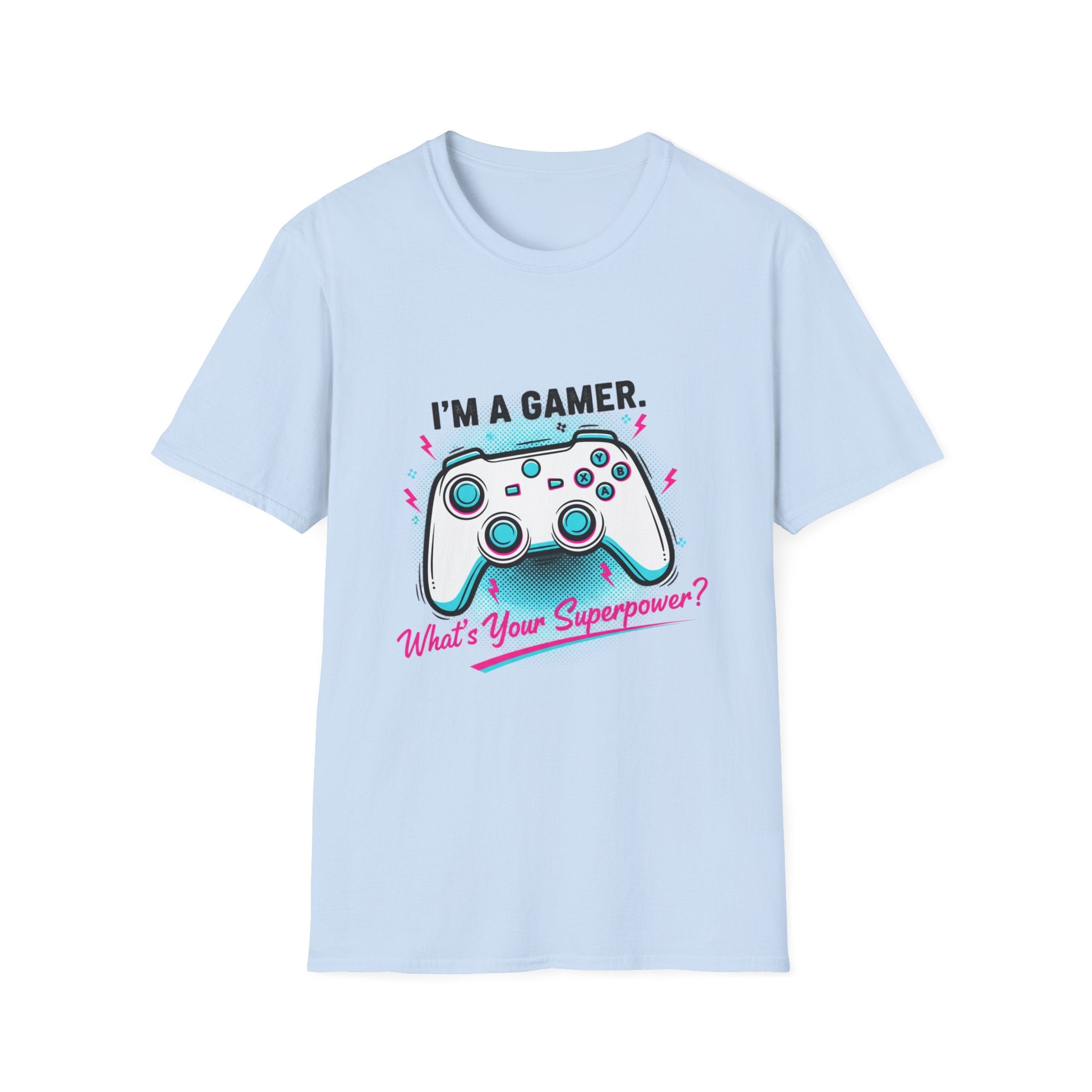Im a Gamer What's Your Superpower Graphic T-Shirt | Retro Neon Gaming Console Text