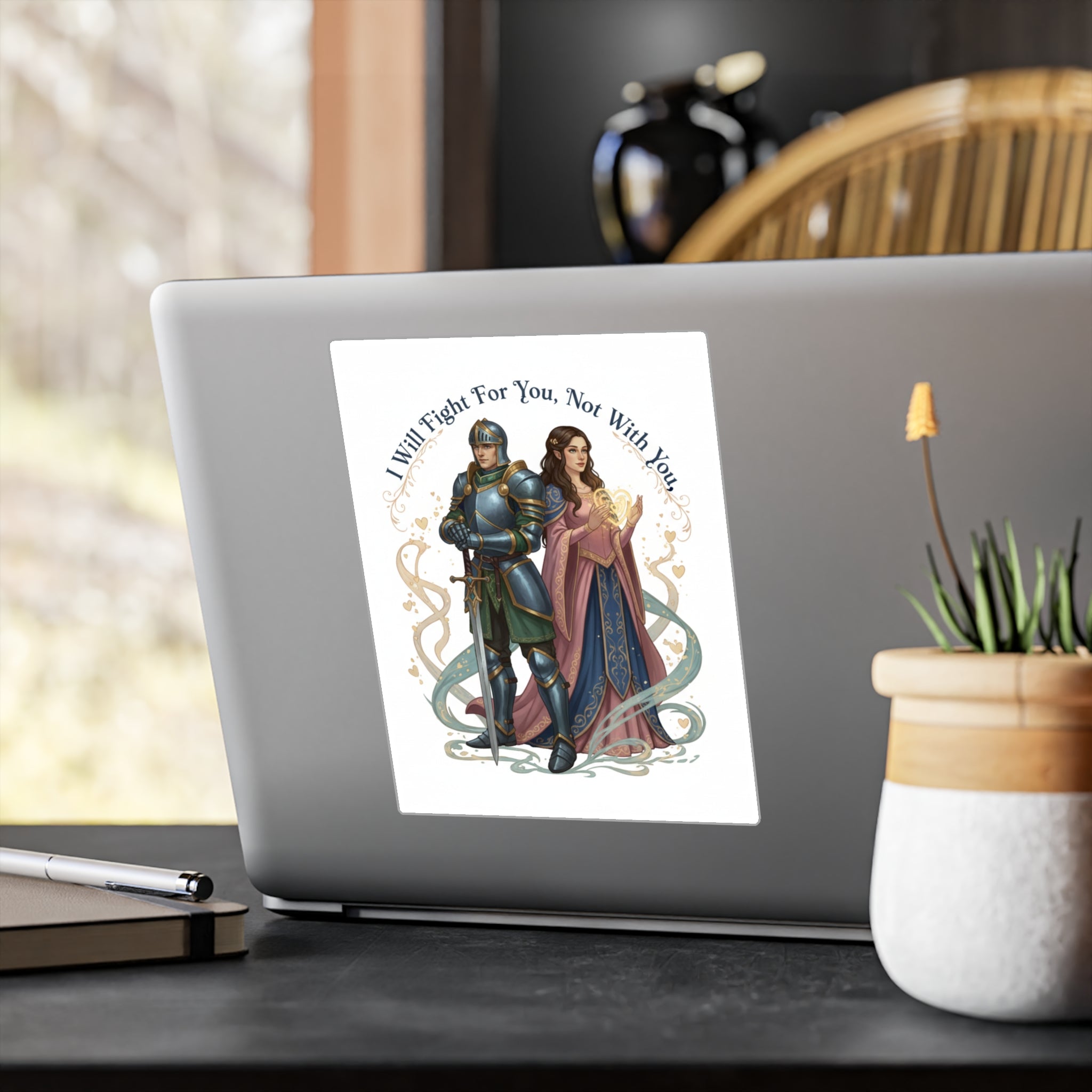 Medieval Knight & Lady Kiss-Cut Vinyl Sticker — "I Will Fight For You, Not With You"