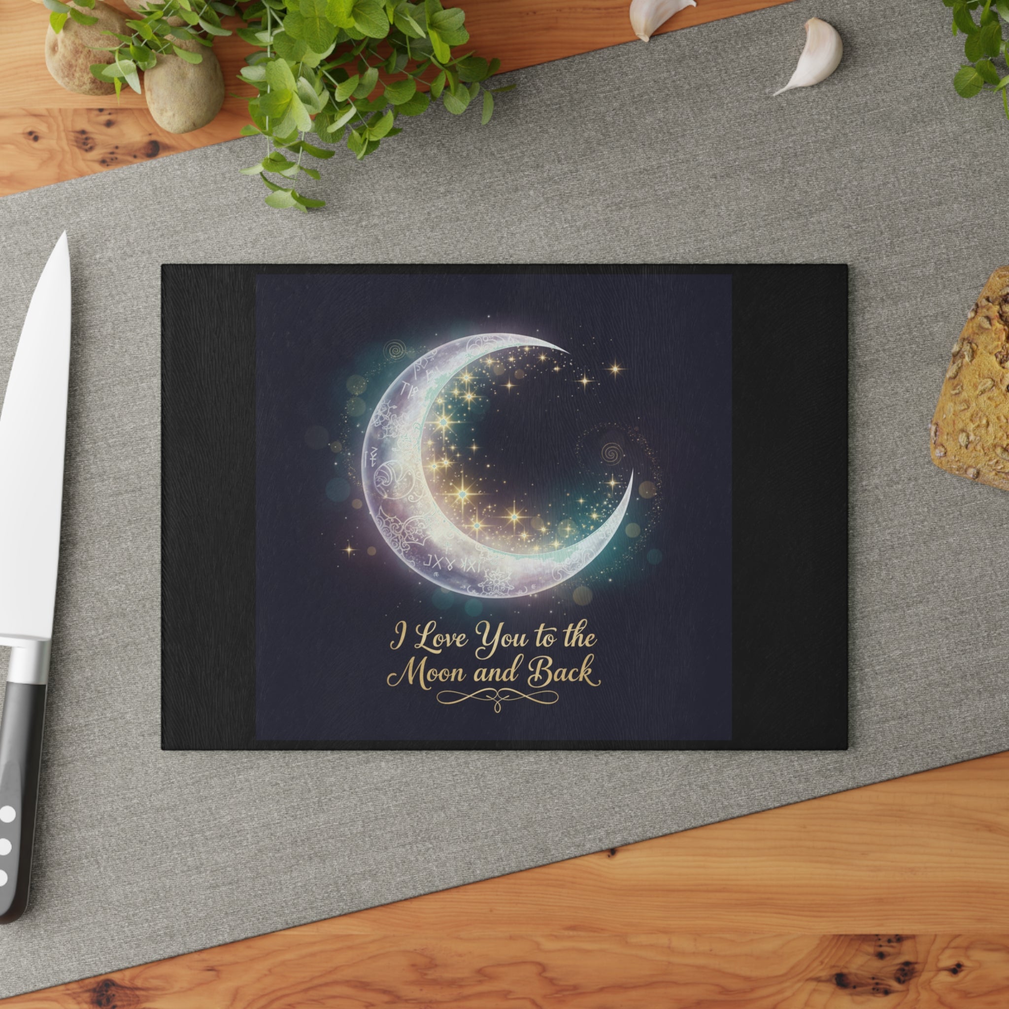 I Love You to the Moon and Back Glass Cutting Board | Crescent Moon Stars