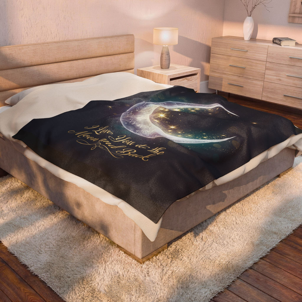 I Love You to the Moon and Back Velveteen Blanket | Crescent Moon Stars Throw