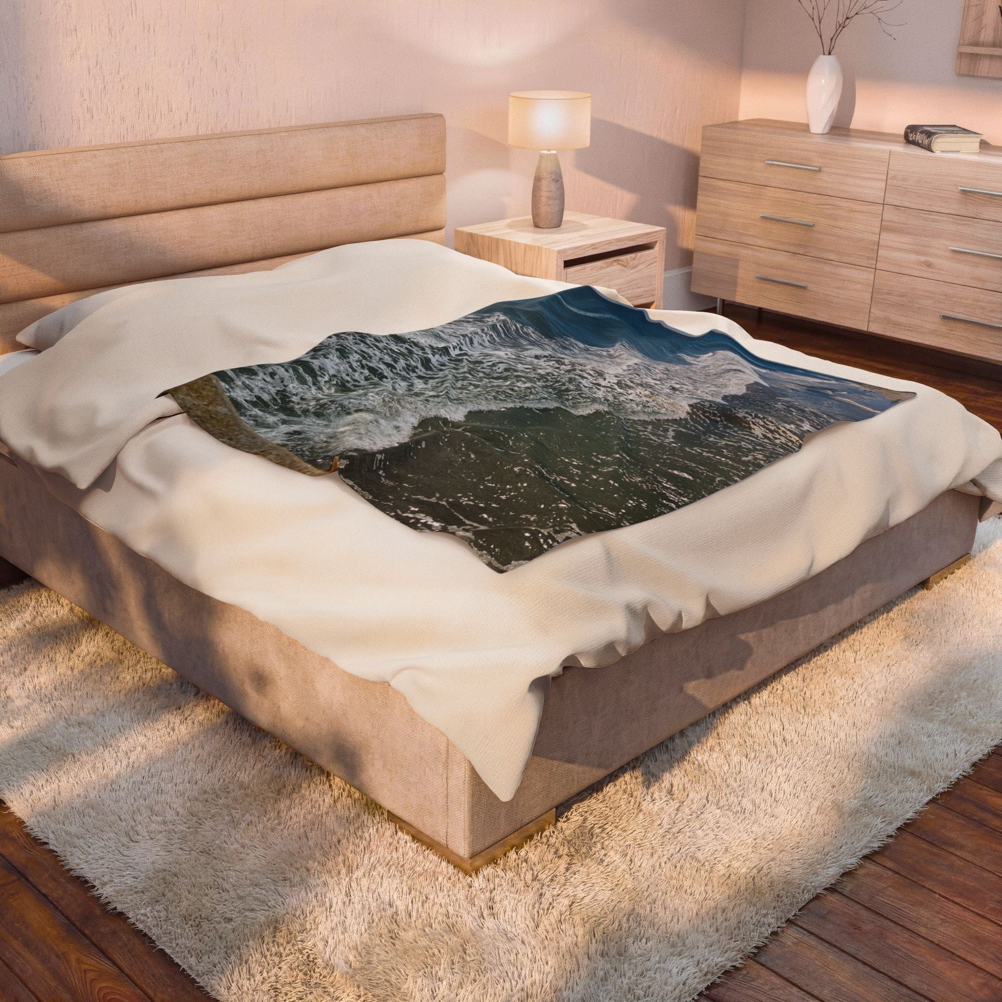 Ocean Waves Velveteen Plush Blanket | Beach Shore Photo Throw