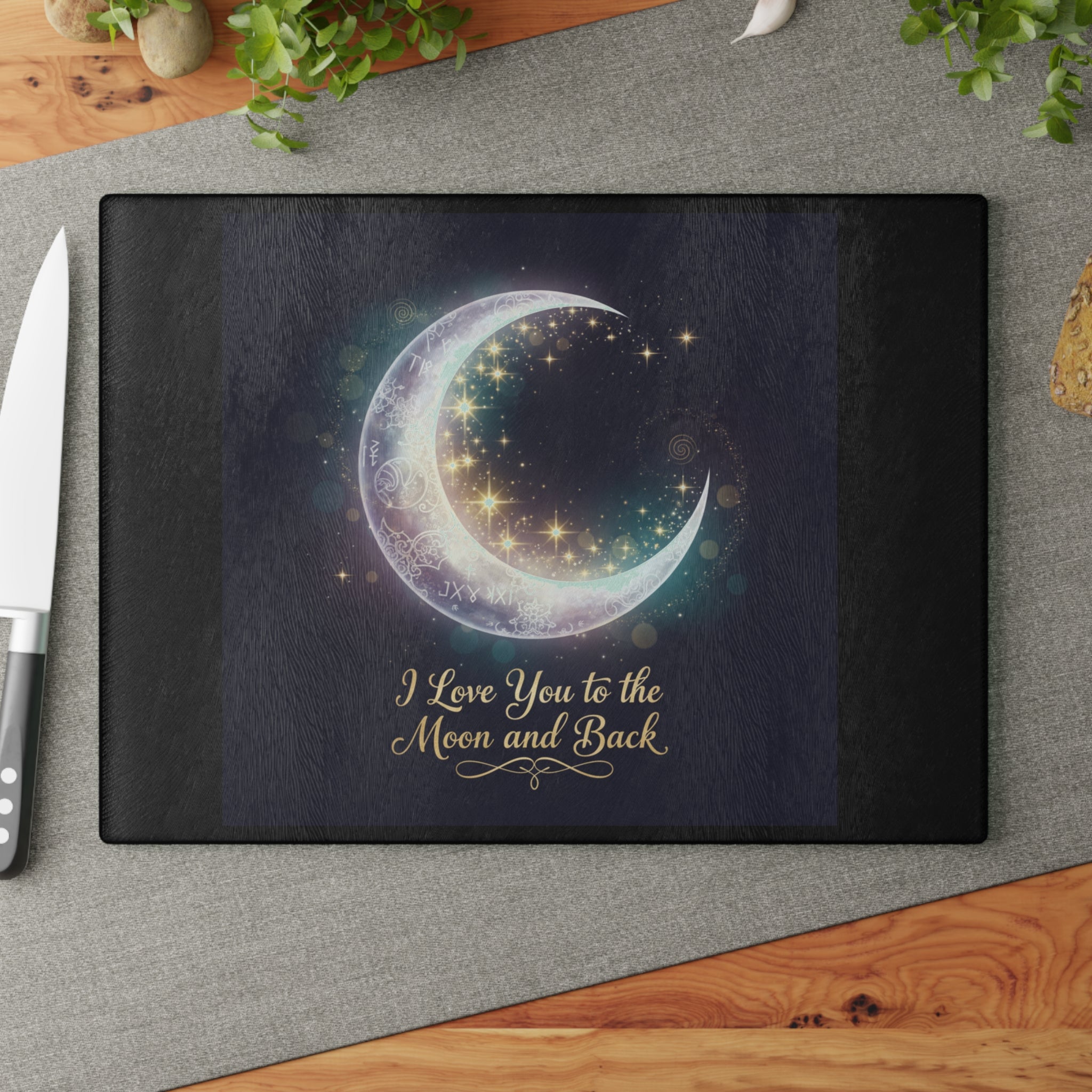I Love You to the Moon and Back Glass Cutting Board | Crescent Moon Stars