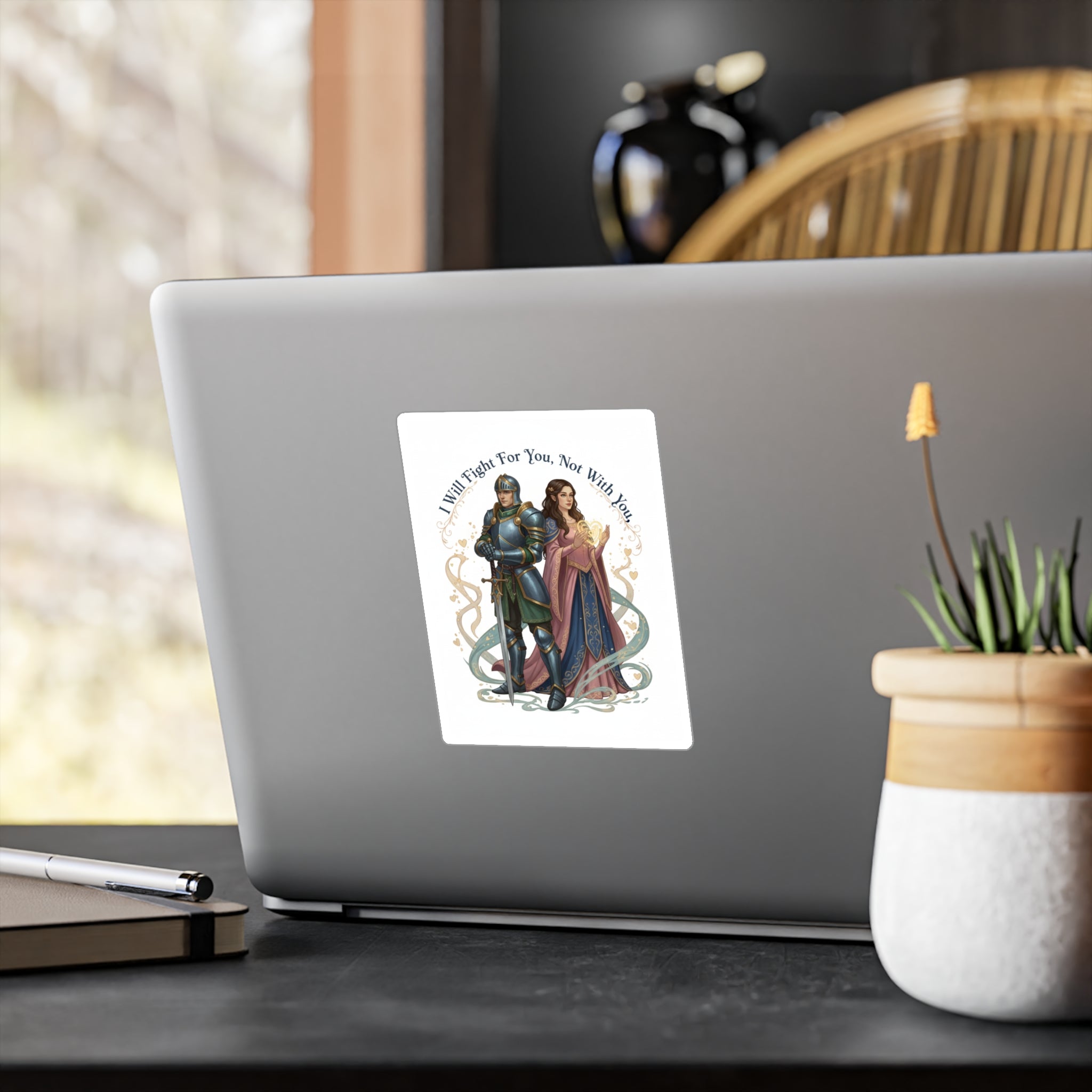 Medieval Knight & Lady Kiss-Cut Vinyl Sticker — "I Will Fight For You, Not With You"