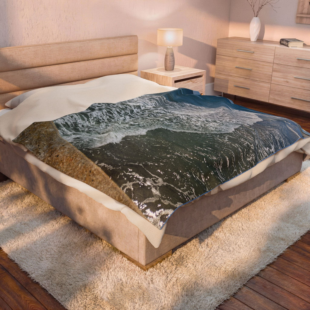 Ocean Waves Velveteen Plush Blanket | Beach Shore Photo Throw
