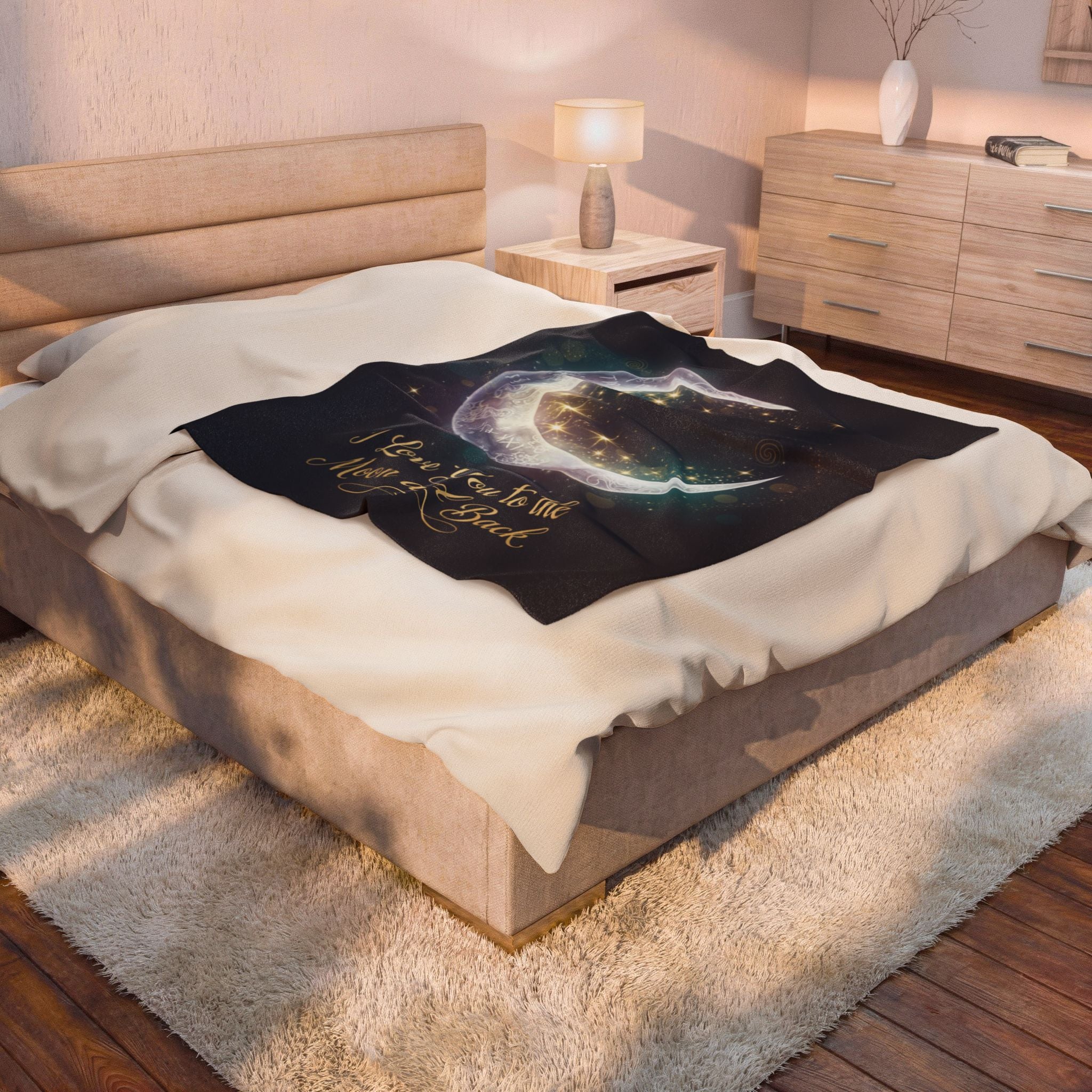 I Love You to the Moon and Back Velveteen Blanket | Crescent Moon Stars Throw