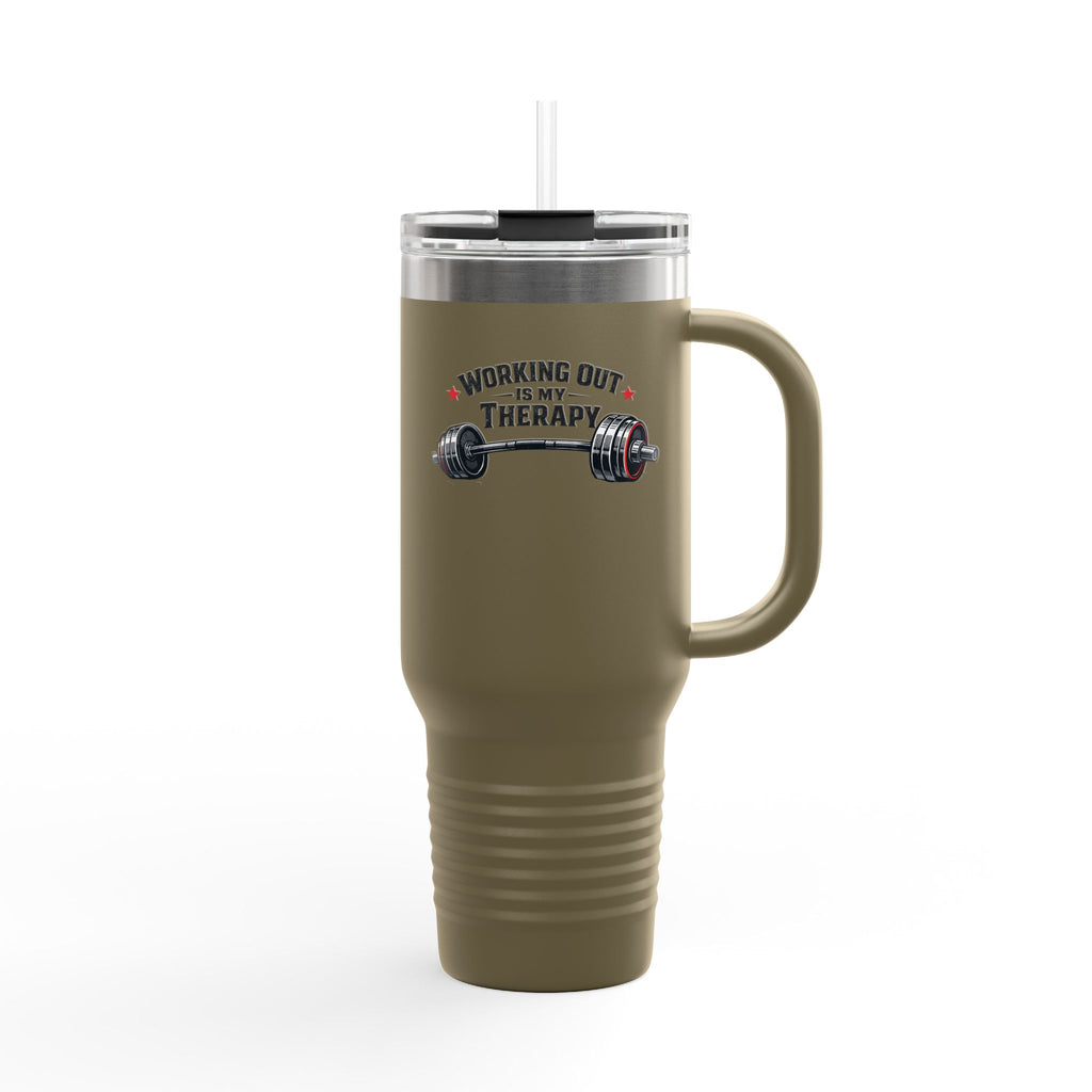 "Working Out Is My Therapy" 40oz Insulated Travel Mug — Fitness Tumbler