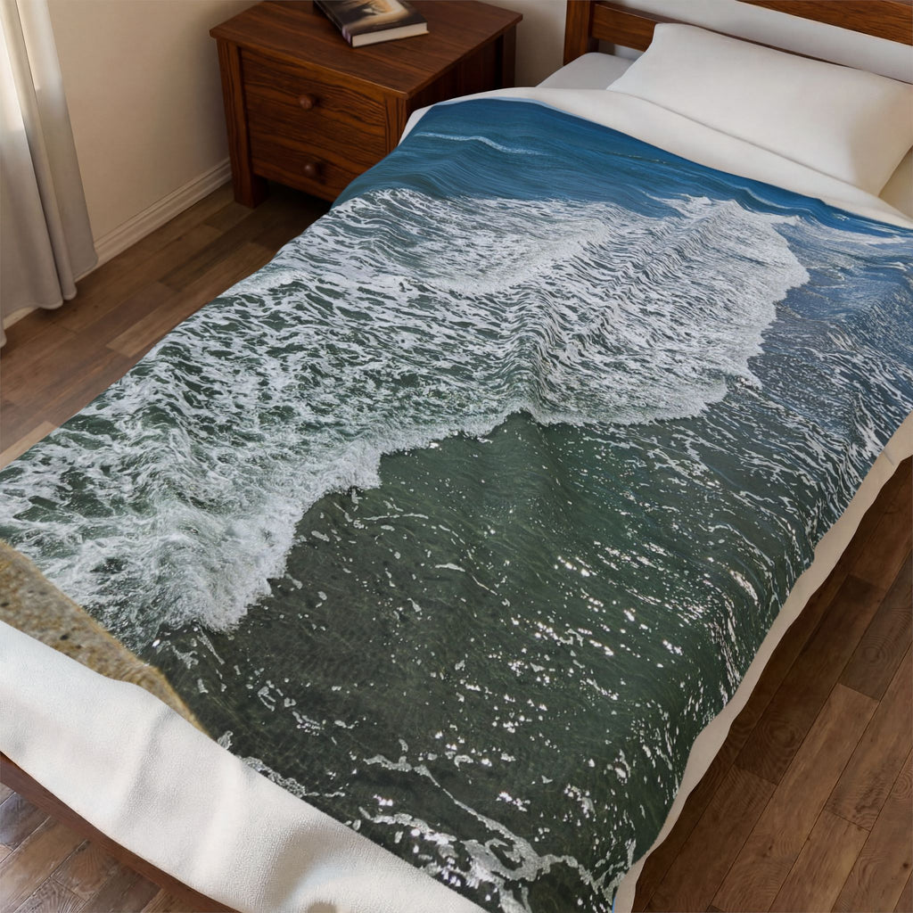 Ocean Waves Velveteen Plush Blanket | Beach Shore Photo Throw
