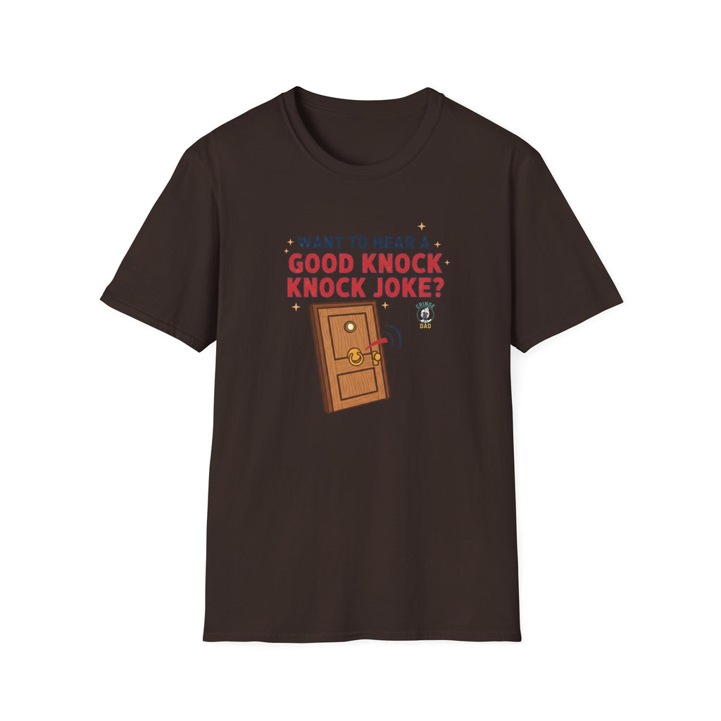 'Want to Hear a Good Knock Knock Joke?' T-Shirt — Novelty Door Cartoon Tee