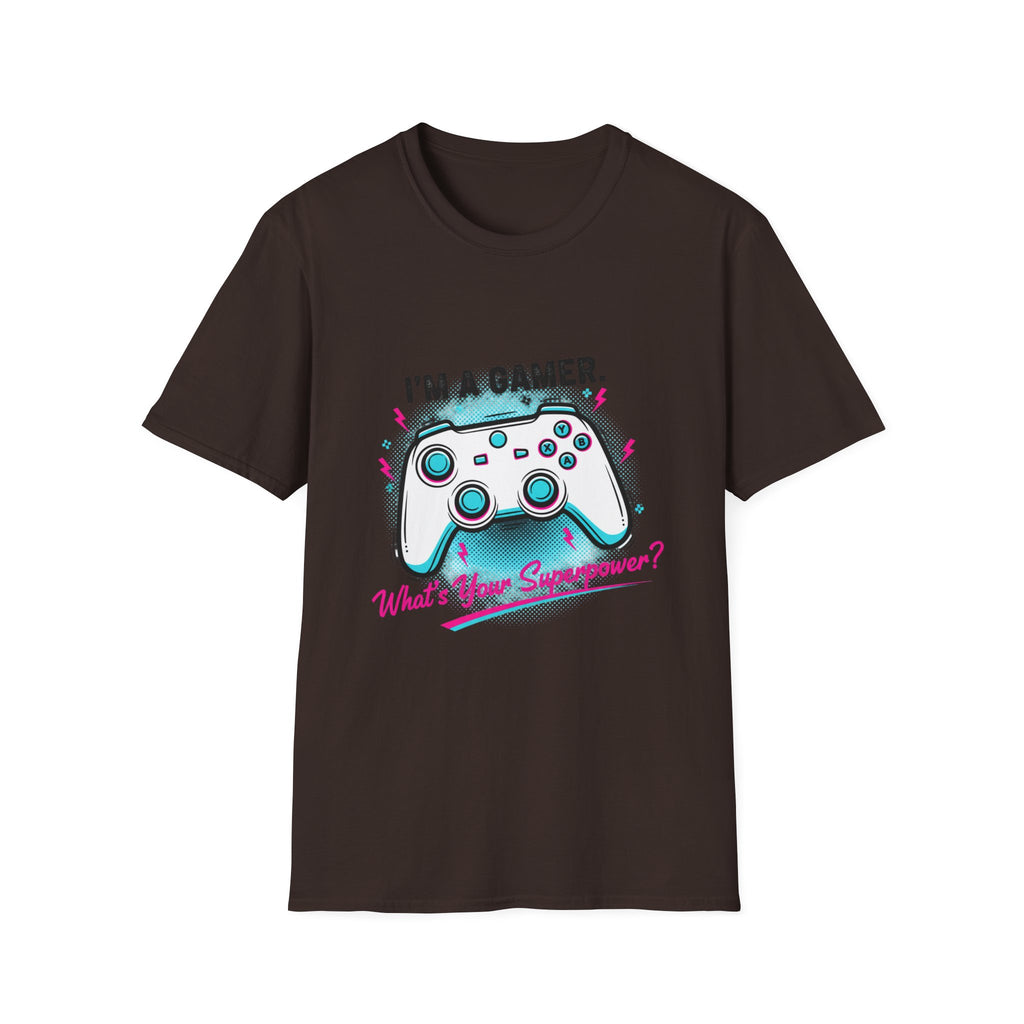 Im a Gamer What's Your Superpower Graphic T-Shirt | Retro Neon Gaming Console Text