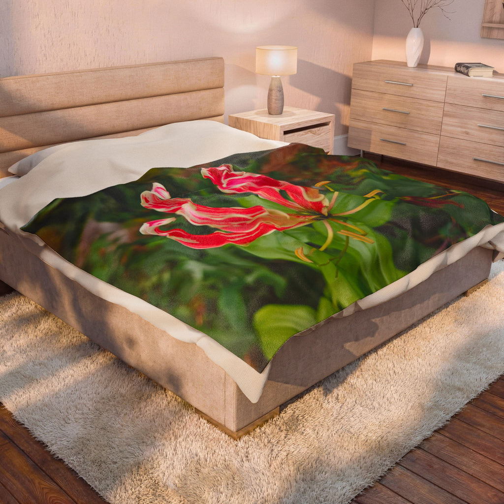 Red Gloriosa Lily Blanket | Botanical Floral Velveteen Plush