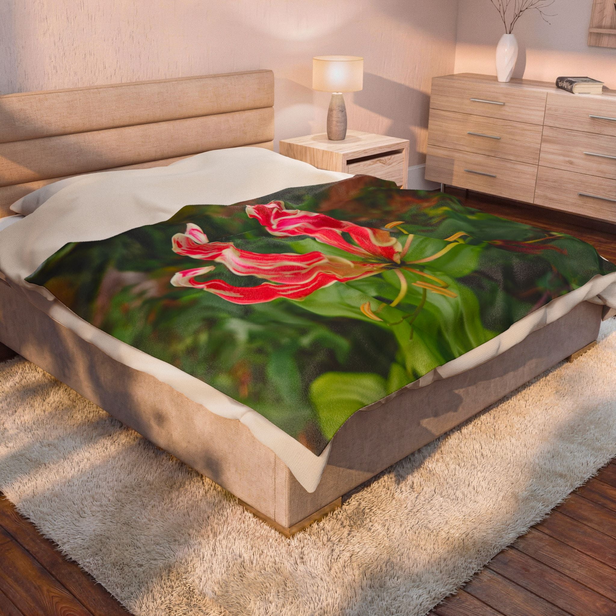 Red Gloriosa Lily Blanket | Botanical Floral Velveteen Plush