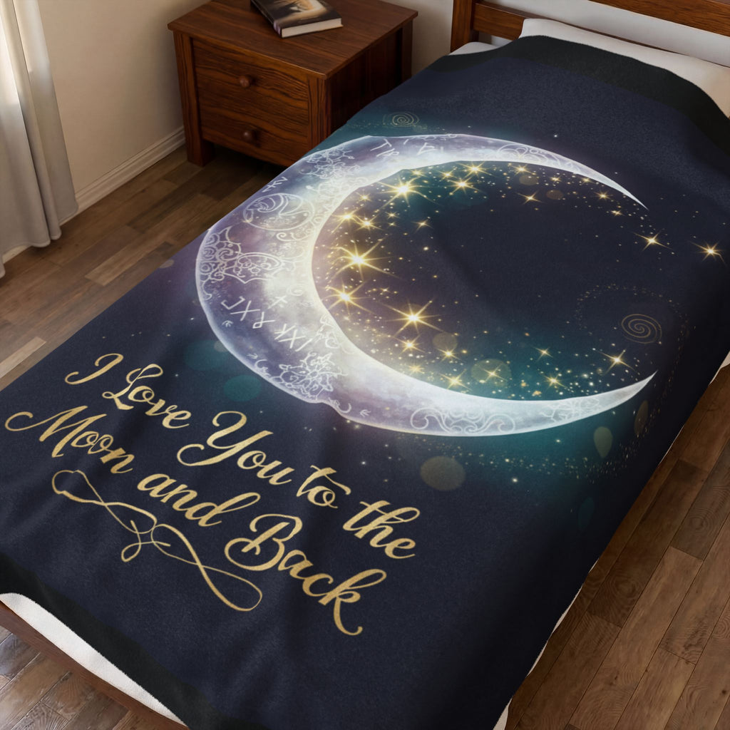 I Love You to the Moon and Back Velveteen Blanket | Crescent Moon Stars Throw
