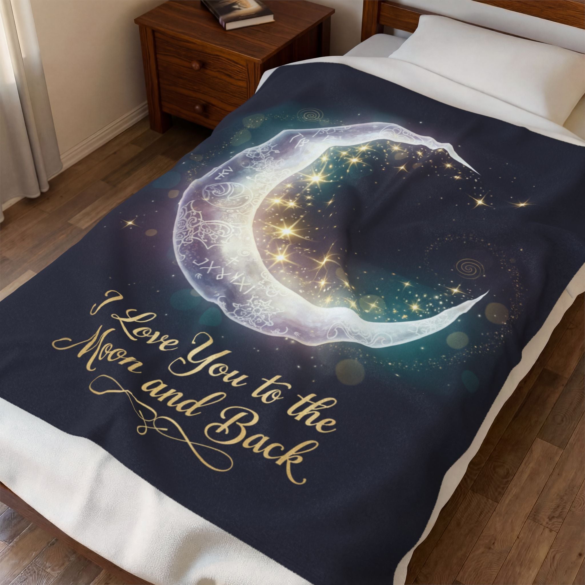 I Love You to the Moon and Back Velveteen Blanket | Crescent Moon Stars Throw