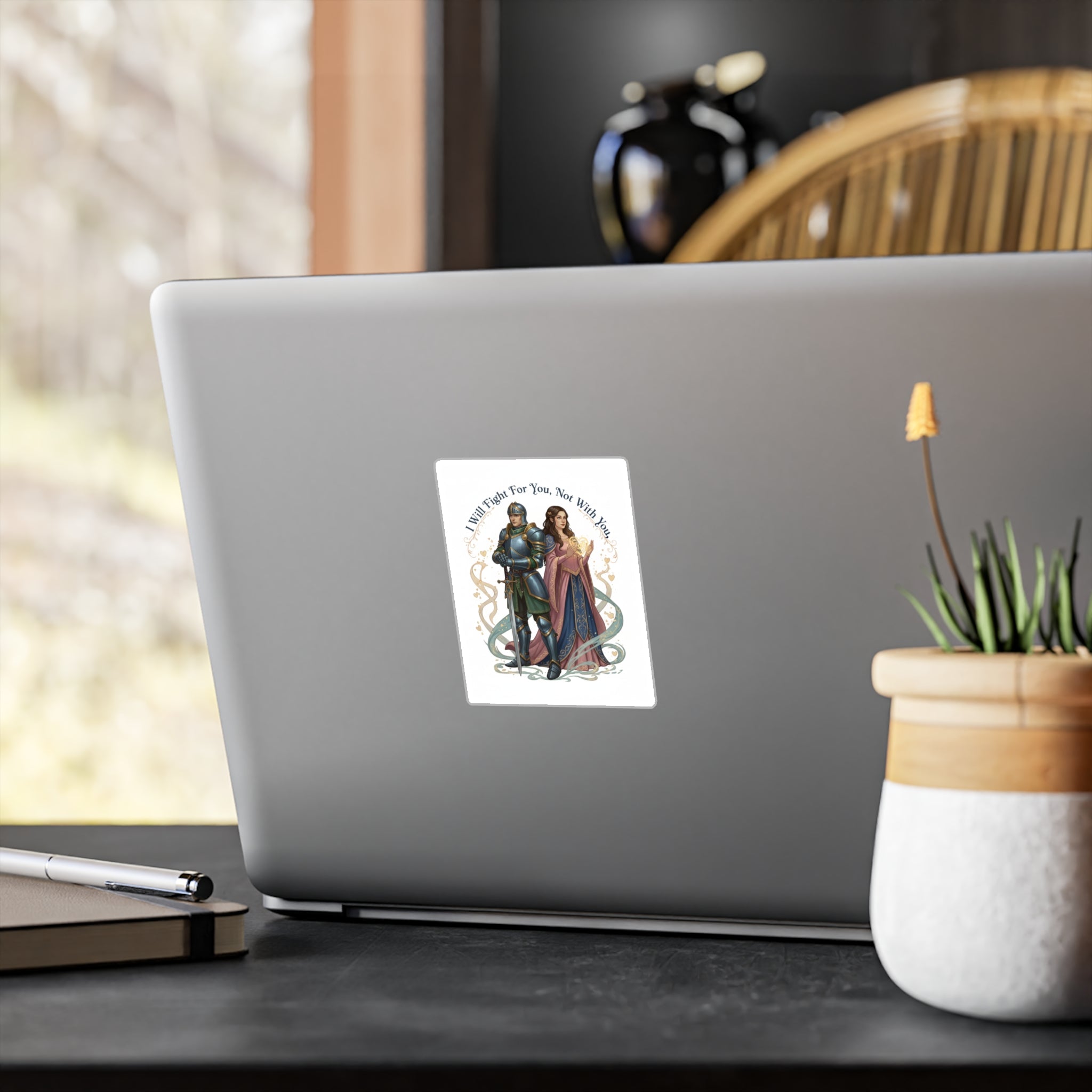 Medieval Knight & Lady Kiss-Cut Vinyl Sticker — "I Will Fight For You, Not With You"