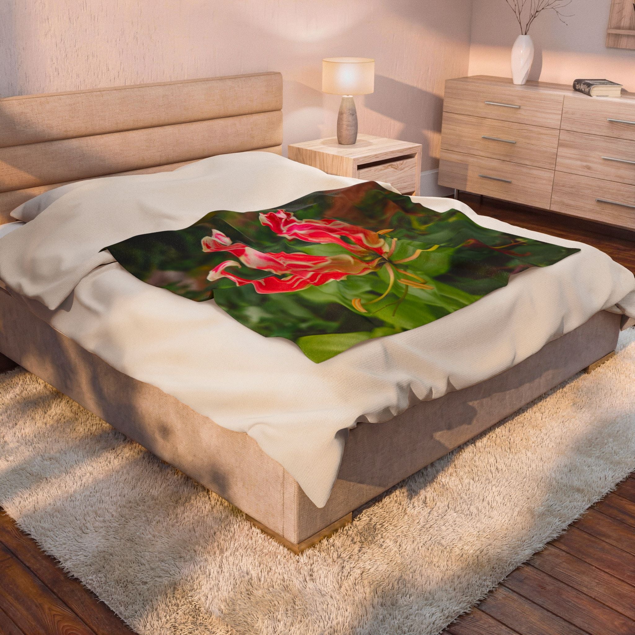 Red Gloriosa Lily Blanket | Botanical Floral Velveteen Plush